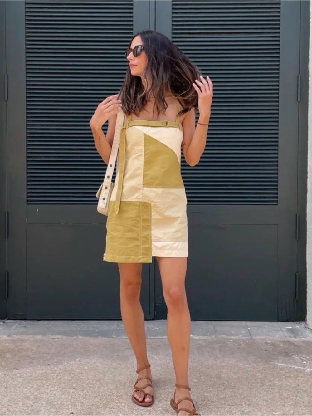 NWT Zara Patchwork Mini Utility Slip Dress in Olive and Cream